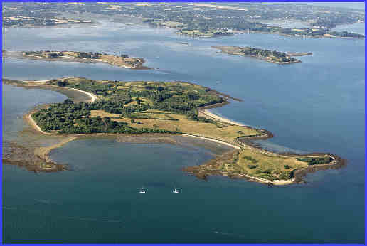 vue aerienne de l'île Ilur (Comm. d'île-d'Arz), en arrière plan, l'lîle Godec et l'ïle Iluric sur la gauche - Golfe du Morbihan (56) , Bretagne et ses îles, France, Europe